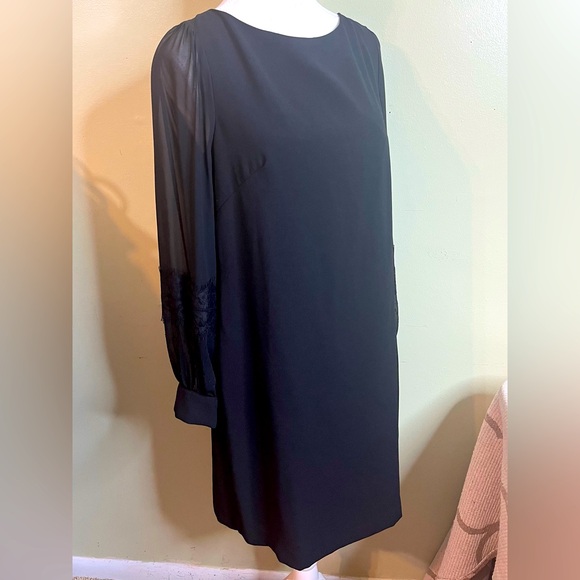 Ann Taylor sheer Swiss dot long sleeve Black Crepe Dress, size 10 petite - Picture 1 of 16